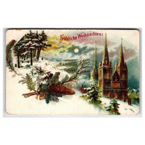 Vintage German Christmas Postcard Fröhliche Weihnachten Church Scene